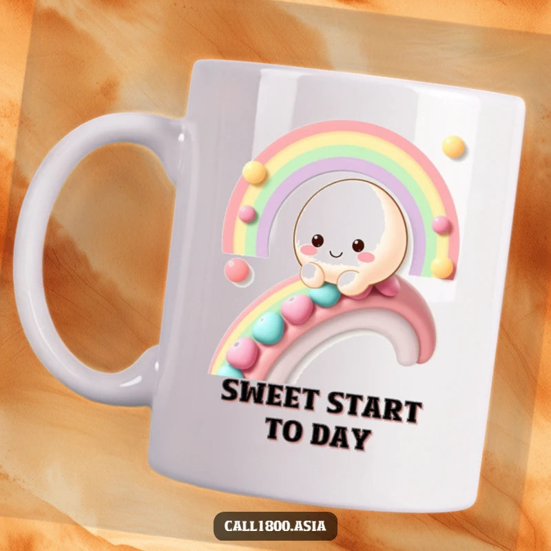 Funny smiling mochi character sliding down a vibrant rainbow made of colorful candy on a delightful mug.