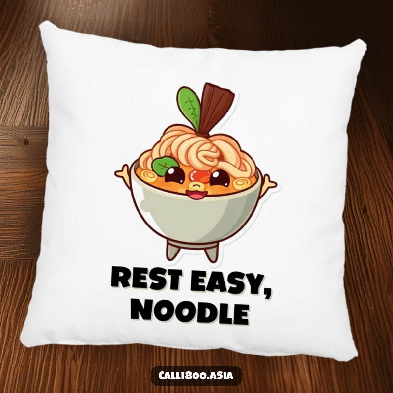 Funny ramen bowl pillow with a bouncing character, happy eyes, and a wide grin, providing soft comfort and a cheerful, playful accent.