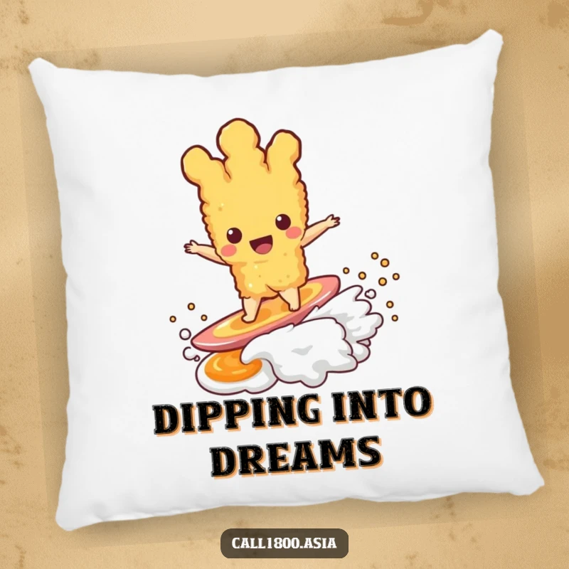 Funny tempura character happily surfing a dipping sauce wave, embroidered on a soft and decorative pillow.