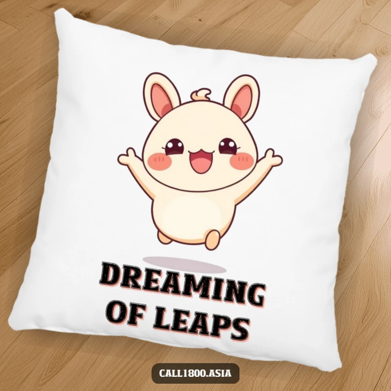 Funny pillow showcasing a bubbly bao bun character leaping excitedly with wide, happy eyes and a cheerful disposition.