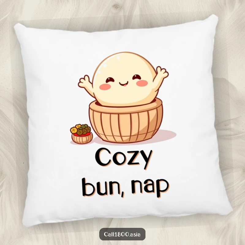 Funny pillow featuring a happy, round bao bun waving from a steaming basket, offering soft cartoon comfort and cheerful decor.