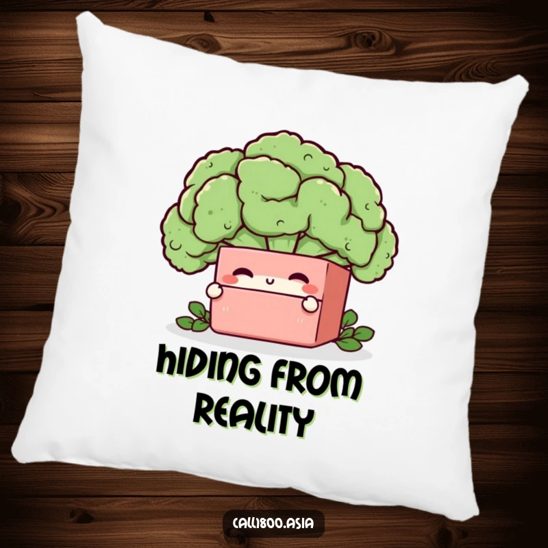 Funny bento box character winking from behind a broccoli floret, featured on a soft and decorative pillow.