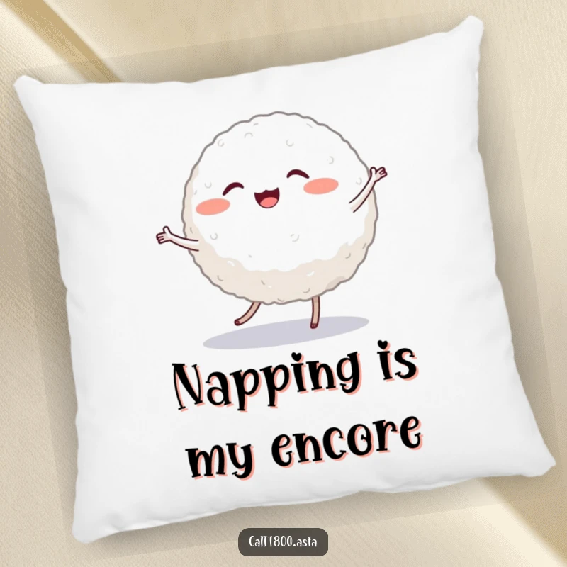 Funny pillow showcasing a cheerful, round rice ball character with tiny legs, doing a jubilant and lively dance.