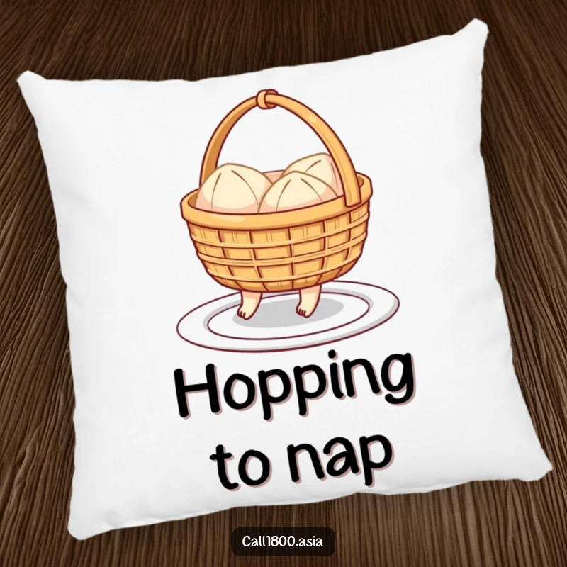 Funny pillow featuring a cheerful dim sum basket with little feet hopping towards a plate, offering soft cartoon comfort and decor.