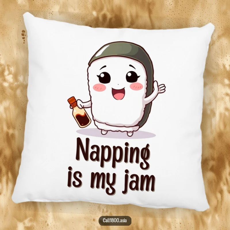 Funny pillow showcasing a smiling sushi roll character with small arms, juggling a tiny soy sauce bottle with a cheerful expression.