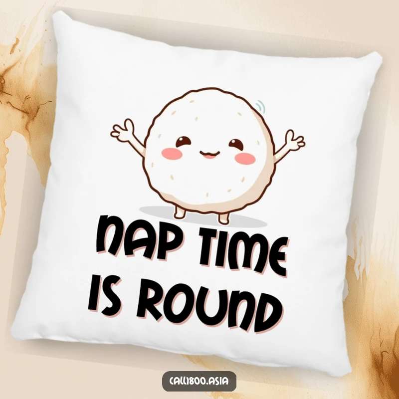 Funny pillow featuring a round, smiling rice ball character enthusiastically waving its tiny arms, offering soft comfort and kawaii charm.