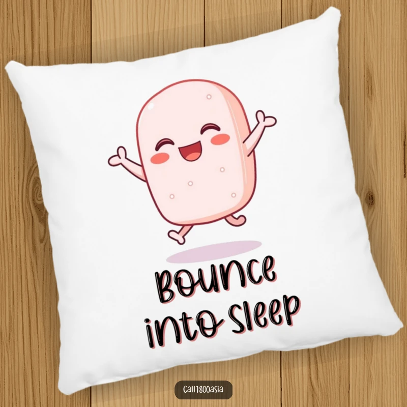 Funny sticky rice cake character bouncing with joy, featured on a soft and decorative pillow.