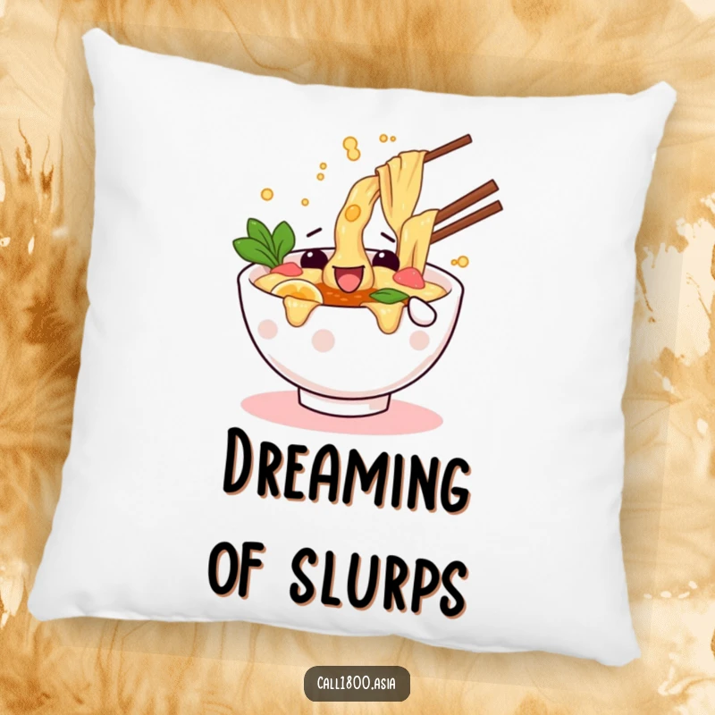 Funny pillow showcasing a wiggling ramen bowl character splashing broth playfully with a happy, energetic demeanor.