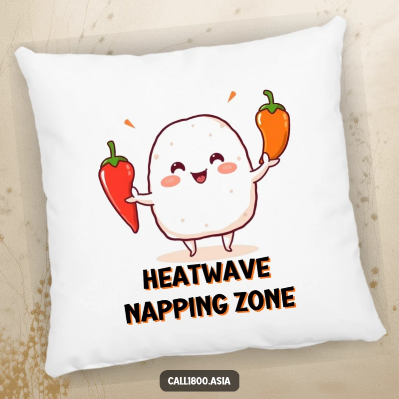 Funny onigiri character expertly juggling colorful chili peppers, featured on a soft and decorative pillow.