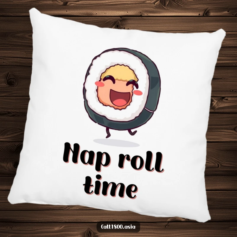 Funny sushi roll pillow with a grinning character's legs kicking happily, providing soft comfort and a cheerful, playful accent to any room.
