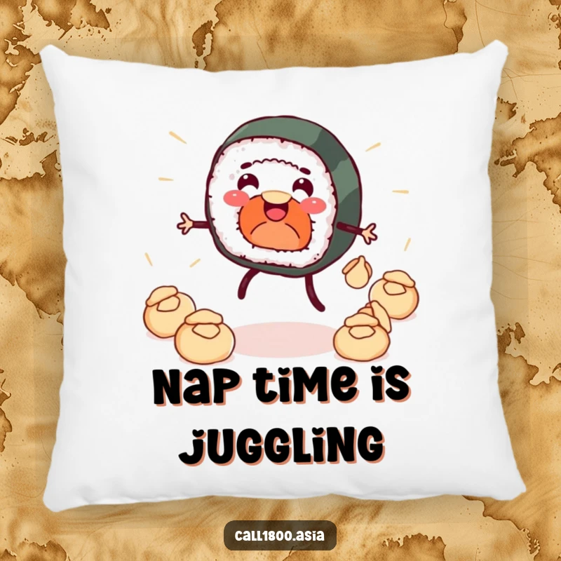 Funny pillow featuring a smiling sushi roll with legs juggling dumplings, providing a soft touch of cartoon humor and comfort for your home.