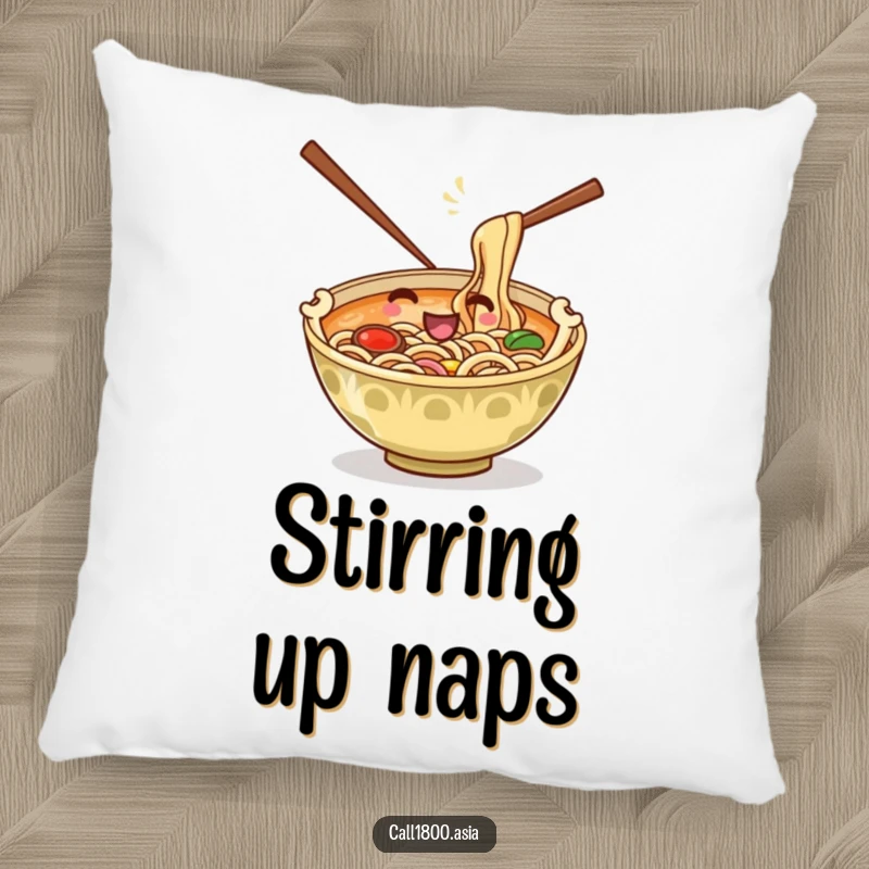 Funny pillow featuring a playful ramen bowl with chopsticks stirring noodles, offering soft cartoon comfort and kitchen-themed decor.
