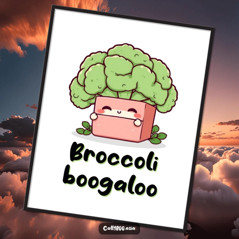 Funny bento box character winking behind a broccoli floret, a printable digital art piece bursting with healthy humor.