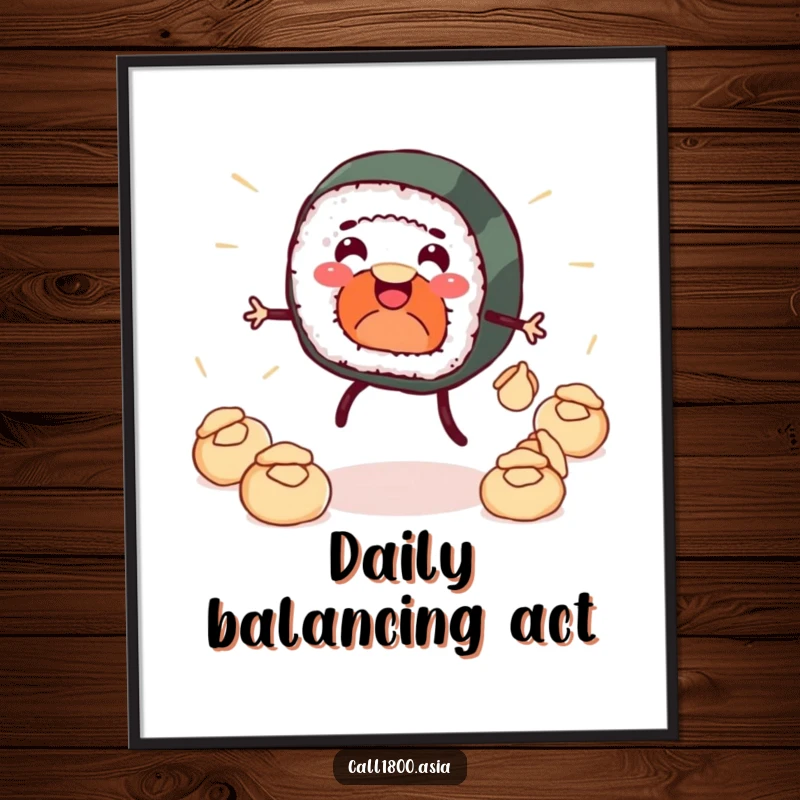 Funny digital art print of a smiling sushi roll with legs juggling dumplings, offering instant cartoon humor and vibrant wall decor.