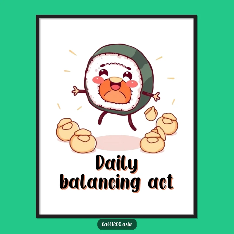 Funny Sushi Roll Dumpling Juggler Digital Art: Instant Cartoon Wall Decor!