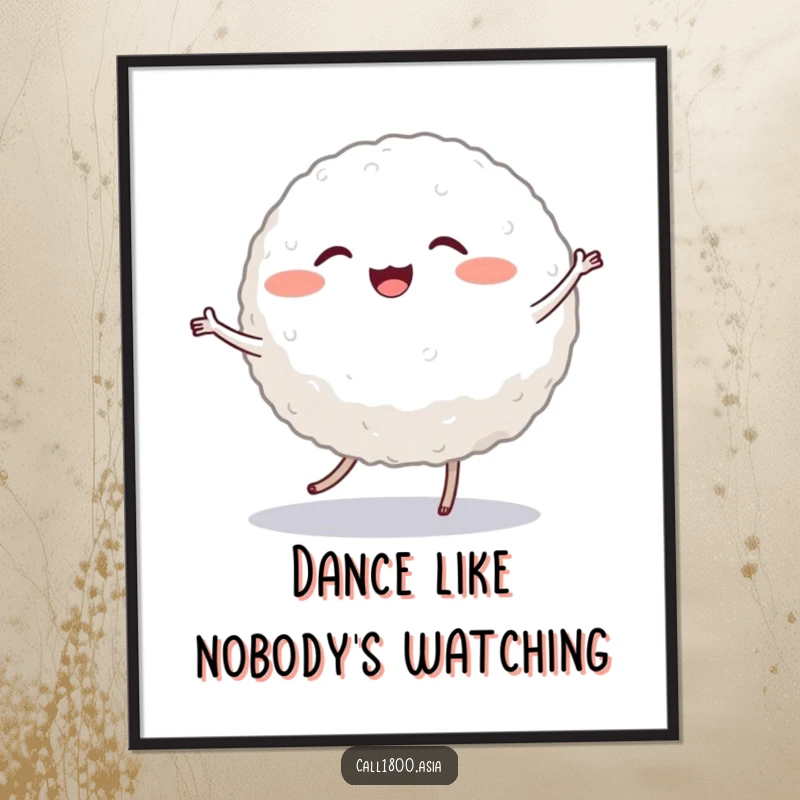 Funny digital art print of a cheerful, round rice ball character with tiny legs, captured in an ecstatic and lively dance.