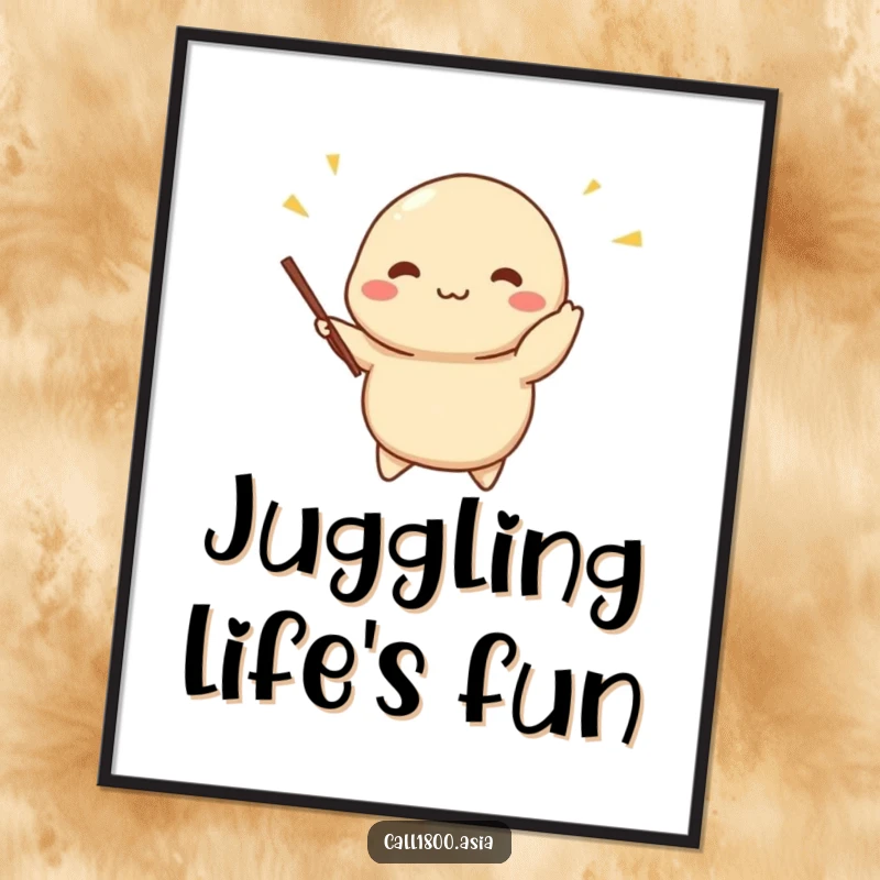 Funny dumpling juggling digital art print featuring a cheerful character skillfully handling miniature chopsticks, perfect for instant whimsical and humorous decor.