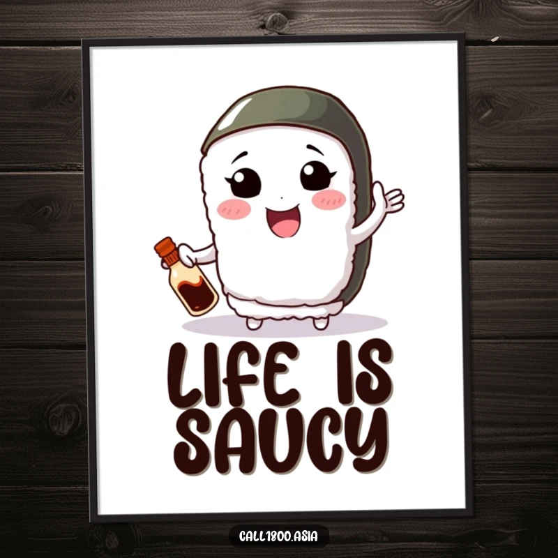 Funny digital art print of a smiling sushi roll character with small arms, juggling a miniature soy sauce bottle with enthusiasm.