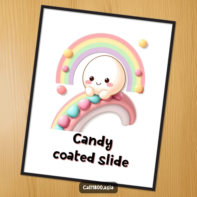 Funny smiling mochi character sliding down a candy rainbow, a printable digital art piece bursting with sweet humor.