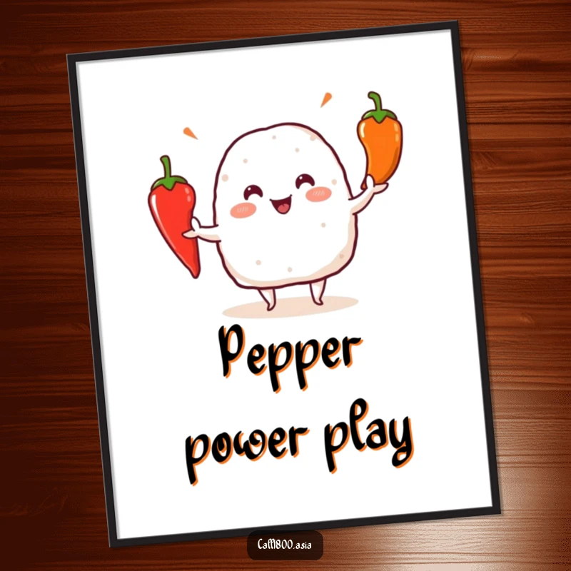 Funny onigiri character juggling colorful chili peppers, a printable digital art piece bursting with spicy humor.