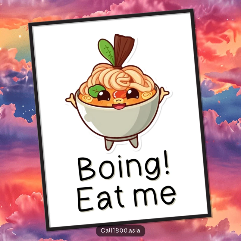 Funny ramen bowl digital art print featuring a bouncing character with happy eyes and a wide grin, ideal for instant cheerful and humorous decor.