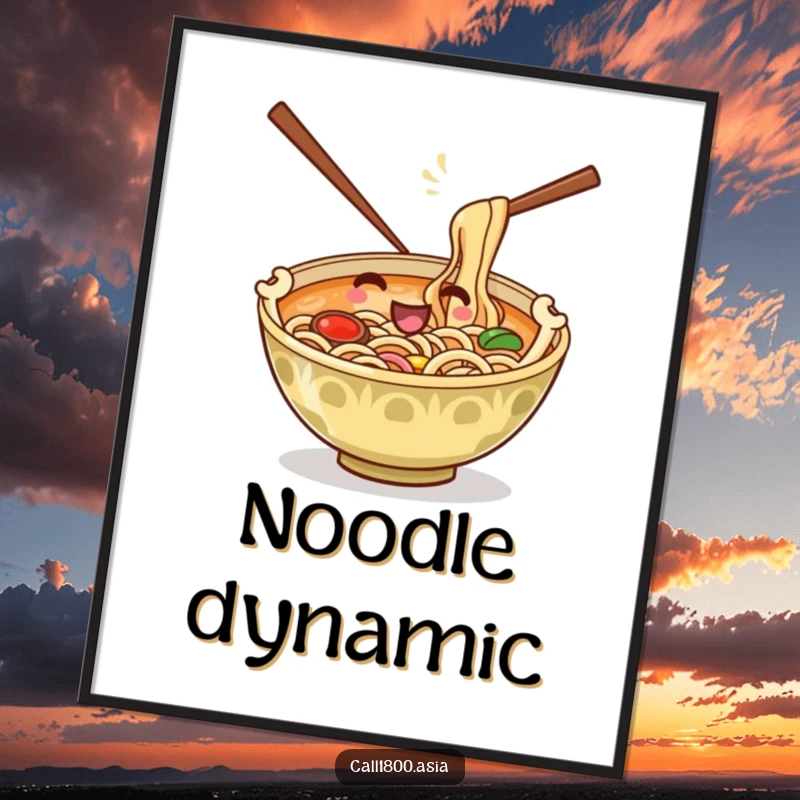 Funny digital art print of a playful ramen bowl with chopsticks stirring noodles, offering instant cartoon humor and vibrant decor.