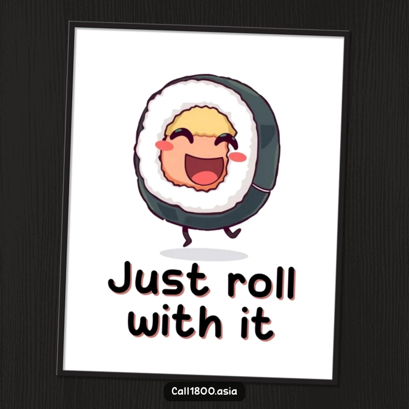 Funny sushi roll digital art print featuring a grinning character kicking its legs with unrestrained joy, ideal for instant cheerful decor.