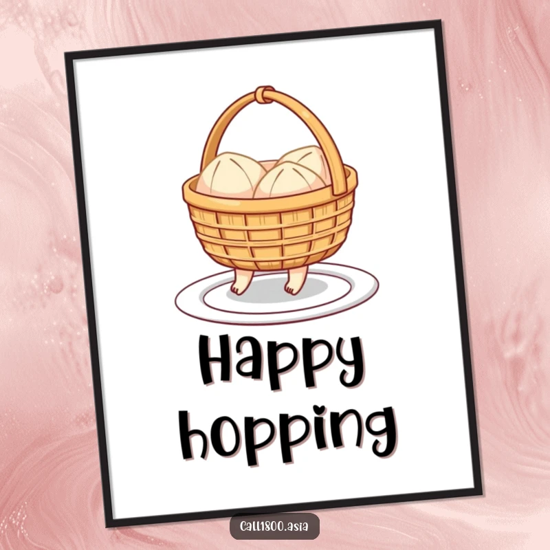 Funny digital art print of a cheerful dim sum basket with little feet hopping towards a plate, offering instant cartoon cheer.