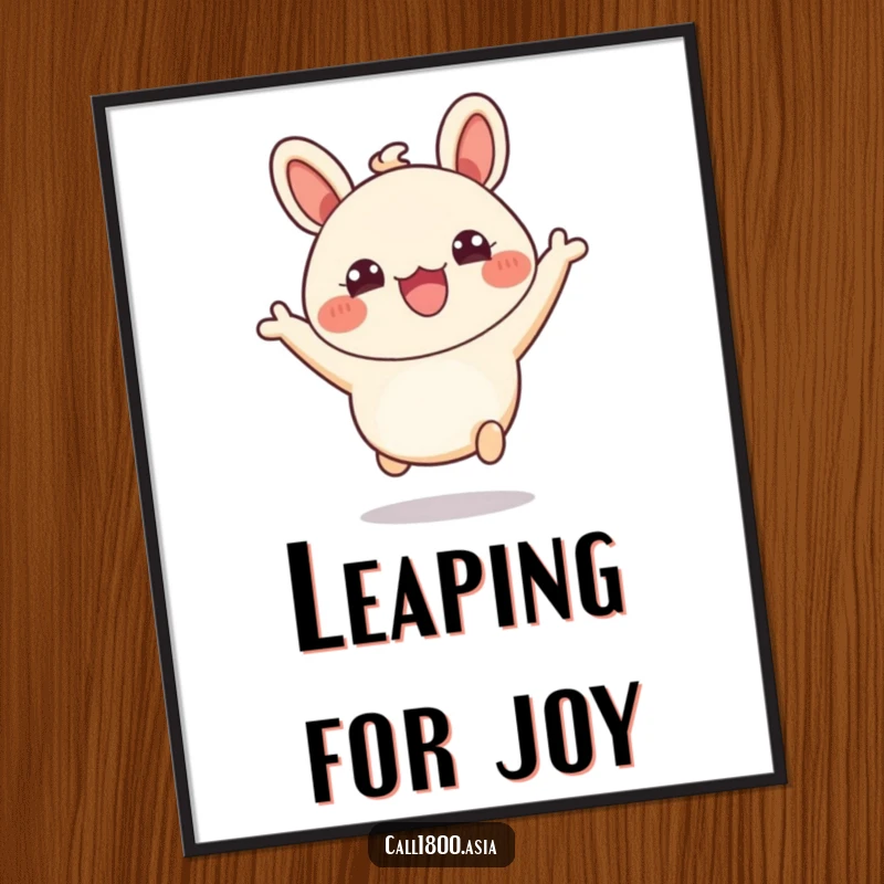 Funny digital art print of a bubbly bao bun character leaping exuberantly with wide, happy eyes.