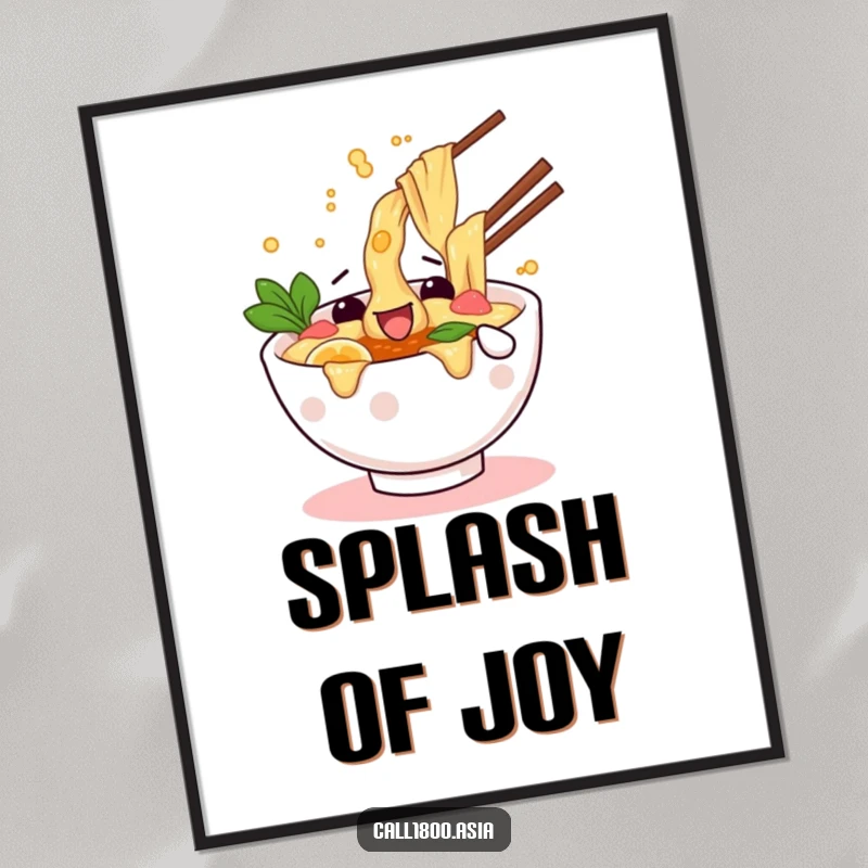 Funny digital art print of a wiggling ramen bowl character splashing broth exuberantly, bringing a wave of joy.
