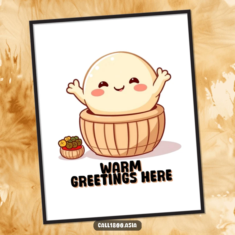 Funny digital art print of a happy, round bao bun waving from a steaming basket, offering instant cartoon cheer and decor.