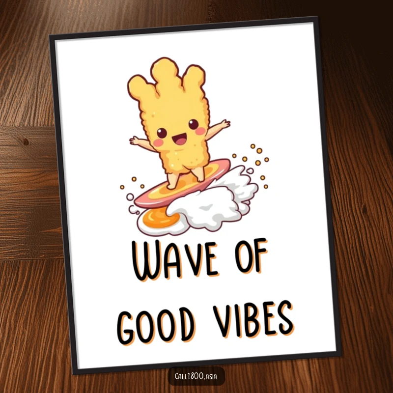Funny tempura character energetically surfing a dipping sauce wave, a printable digital art piece bursting with humor.