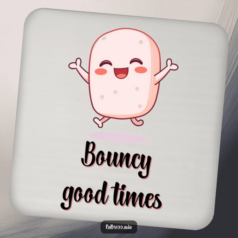 Funny sticky rice cake character bouncing with joy, designed as a protective and humorous drink coaster.