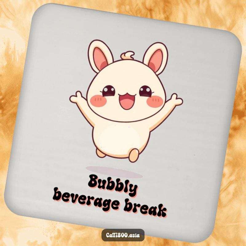 Funny coaster featuring a bubbly bao bun character leaping excitedly to protect surfaces from drinks.