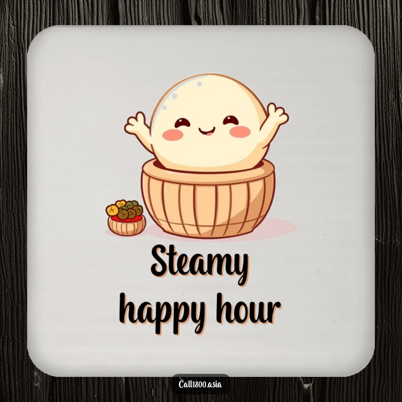 Funny drink coaster featuring a happy, round bao bun waving from a steaming basket, adding cute cartoon charm and surface protection.