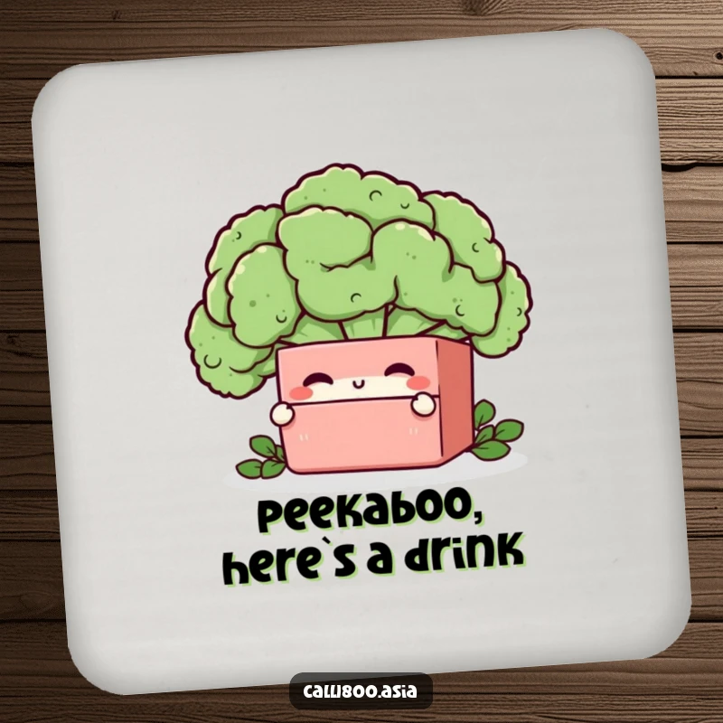 Funny bento box character winking behind a broccoli floret, designed as a protective and humorous drink coaster.