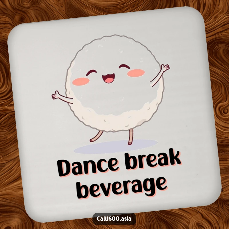 Funny coaster featuring a cheerful, round rice ball character with tiny legs, dancing energetically to protect surfaces.