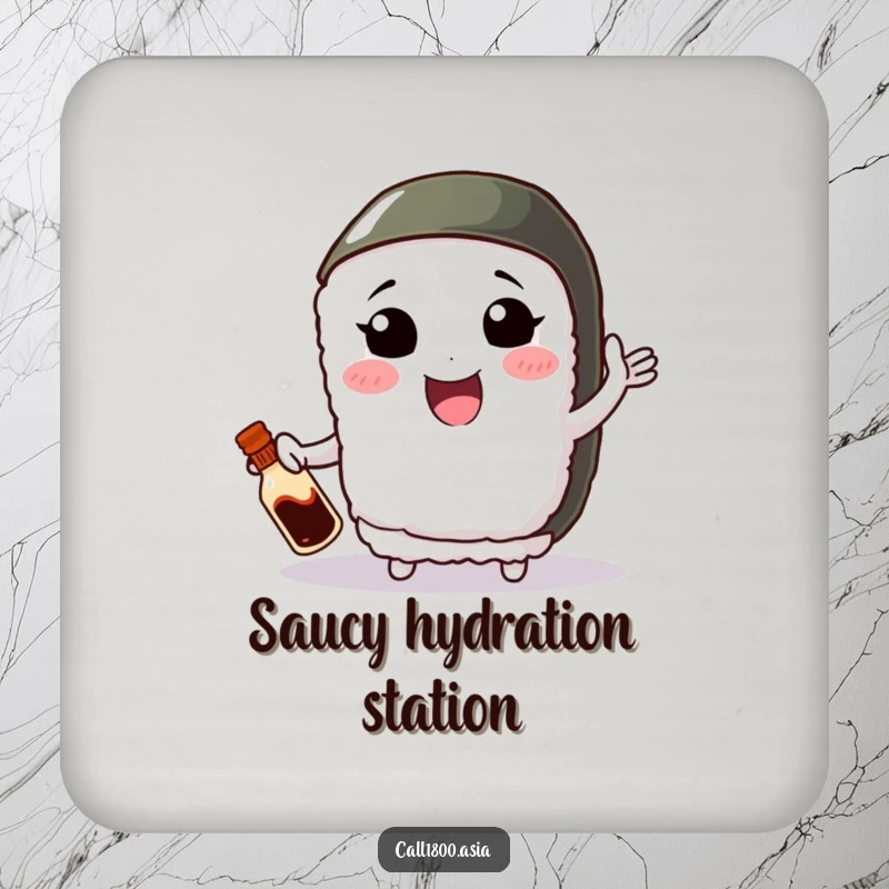 Funny coaster featuring a smiling sushi roll character with small arms, juggling a soy sauce bottle with flair.