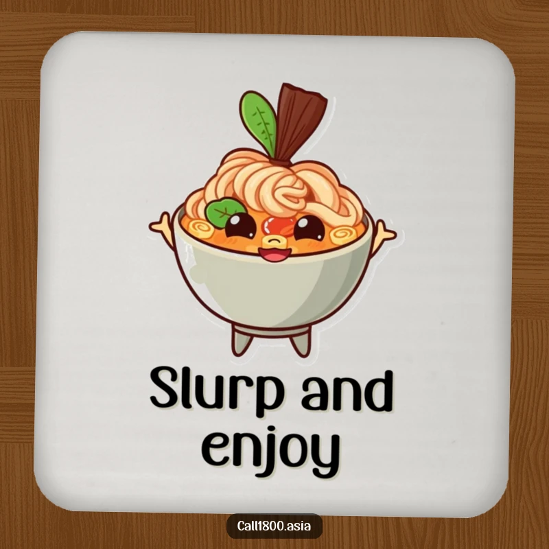 Funny ramen bowl coasters featuring a bouncing character, happy eyes, and a wide grin, protecting surfaces with joyful and humorous food art.