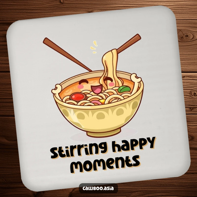 Funny drink coaster featuring a playful ramen bowl with chopsticks stirring noodles, offering surface protection with cartoon humor.