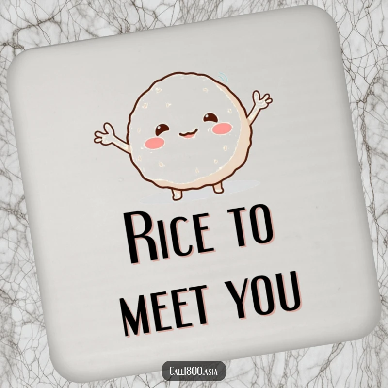 Funny drink coaster with a round, smiling rice ball character enthusiastically waving its tiny arms, protecting surfaces with charm.
