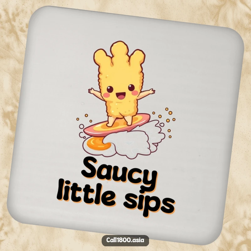 Funny tempura character riding a dipping sauce wave, designed as a protective and humorous drink coaster.