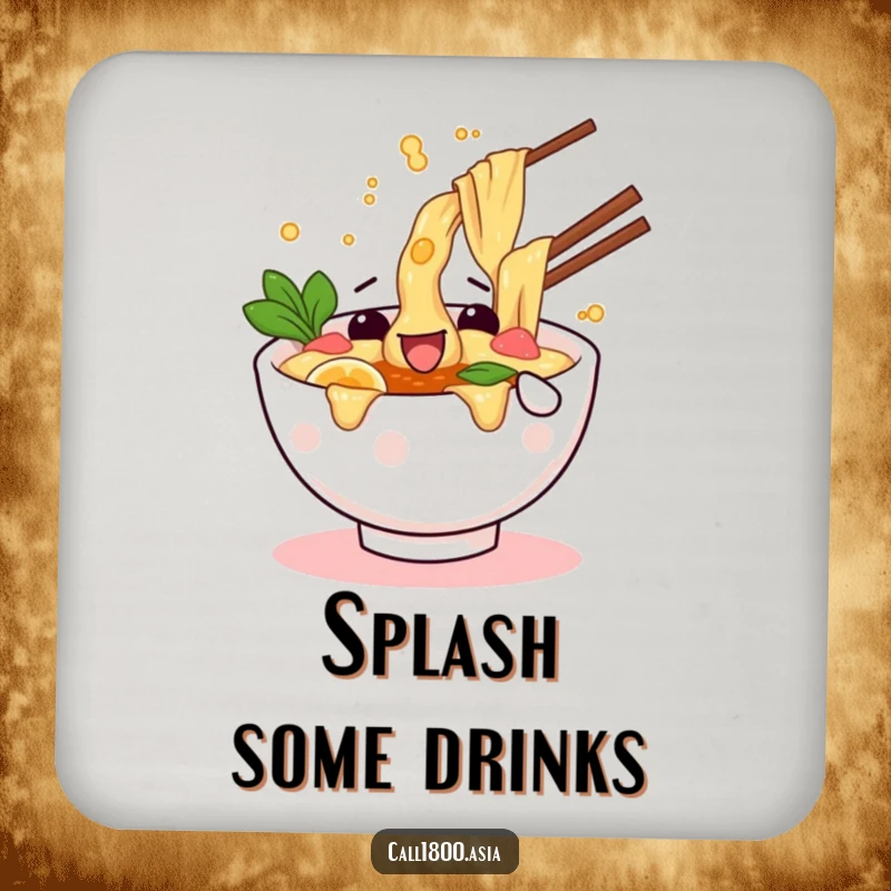 Funny coaster featuring a wiggling ramen bowl character playfully splashing broth to protect surfaces from drinks.