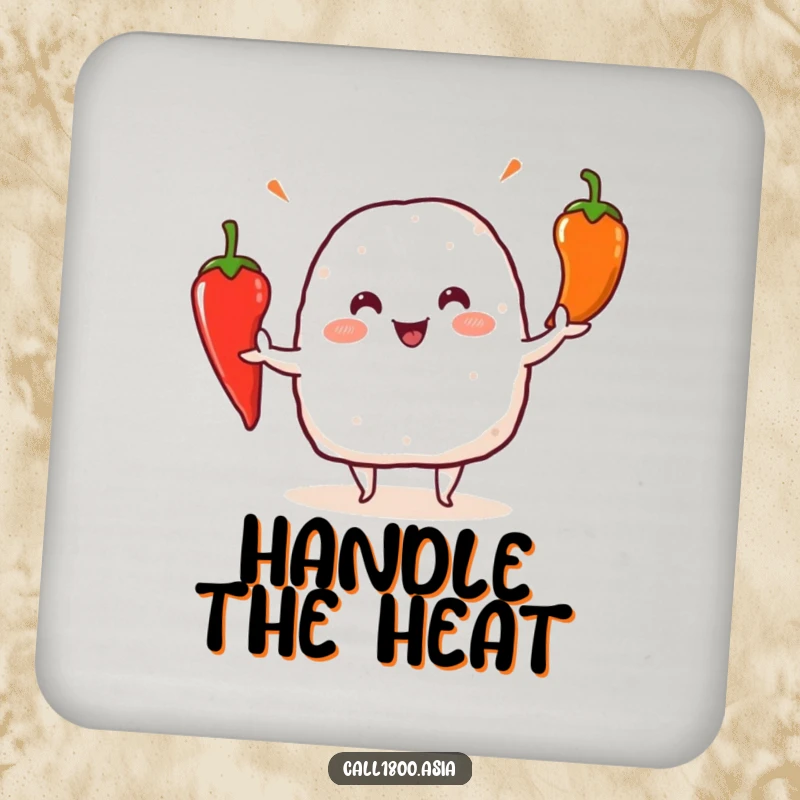 Funny onigiri character juggling chili peppers, designed as a protective and humorous drink coaster.