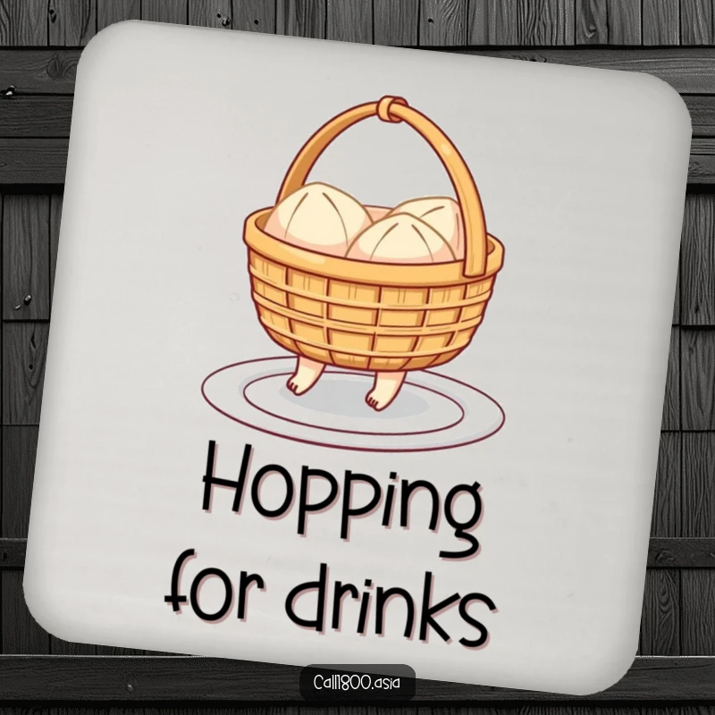 Funny drink coaster featuring a cheerful dim sum basket with little feet hopping towards a plate, adding cute cartoon charm.