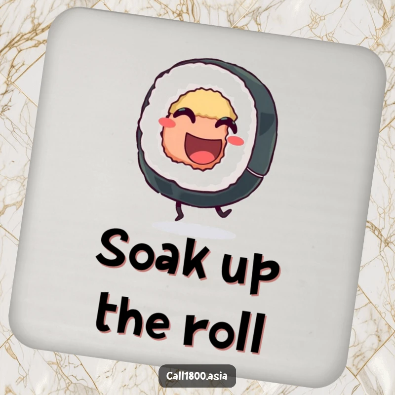 Funny sushi roll coasters showcasing a grinning character kicking happily, protecting surfaces with a playful and humorous design.