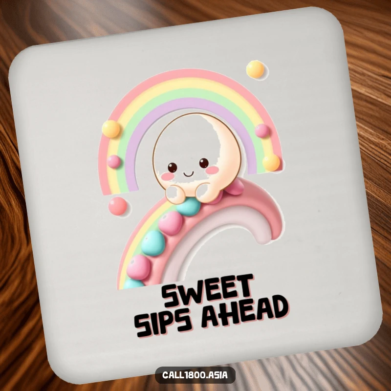 Funny mochi character sliding down a candy rainbow, designed as a protective and humorous drink coaster.