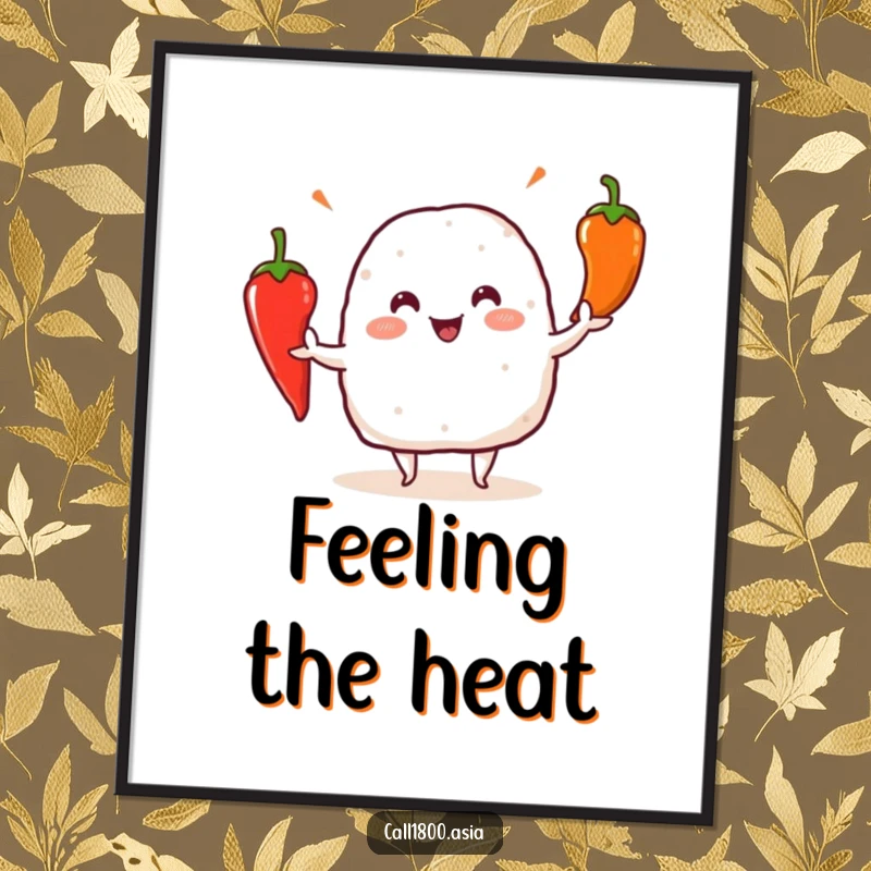 Funny onigiri character juggling three bright chili peppers, depicted as a lively and humorous wall art print.