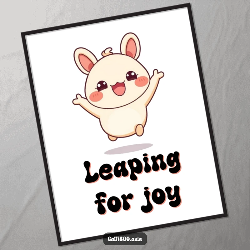 Funny poster featuring a bubbly bao bun character leaping with pure joy and wide, open, happy eyes.