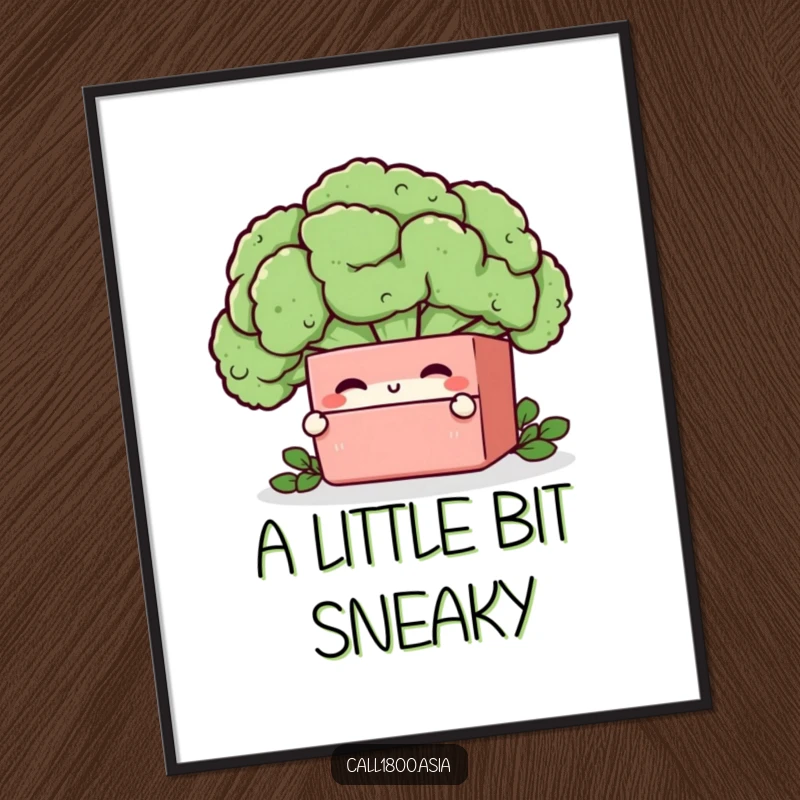 Funny bento box character winking behind a giant broccoli floret, presented as a humorous and vibrant wall art print.